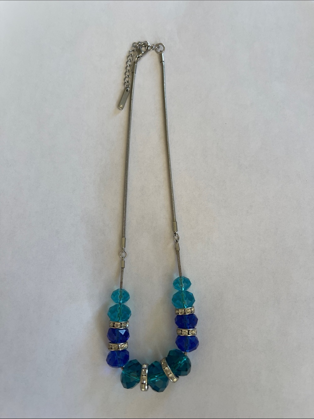 Silver Necklace with Blue and Teal Crystal Beads